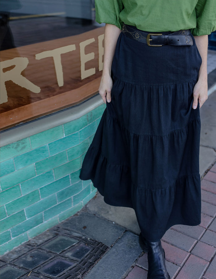 DEVOI Black cotton cord skirt. Maxi tiered skirt. Front close view