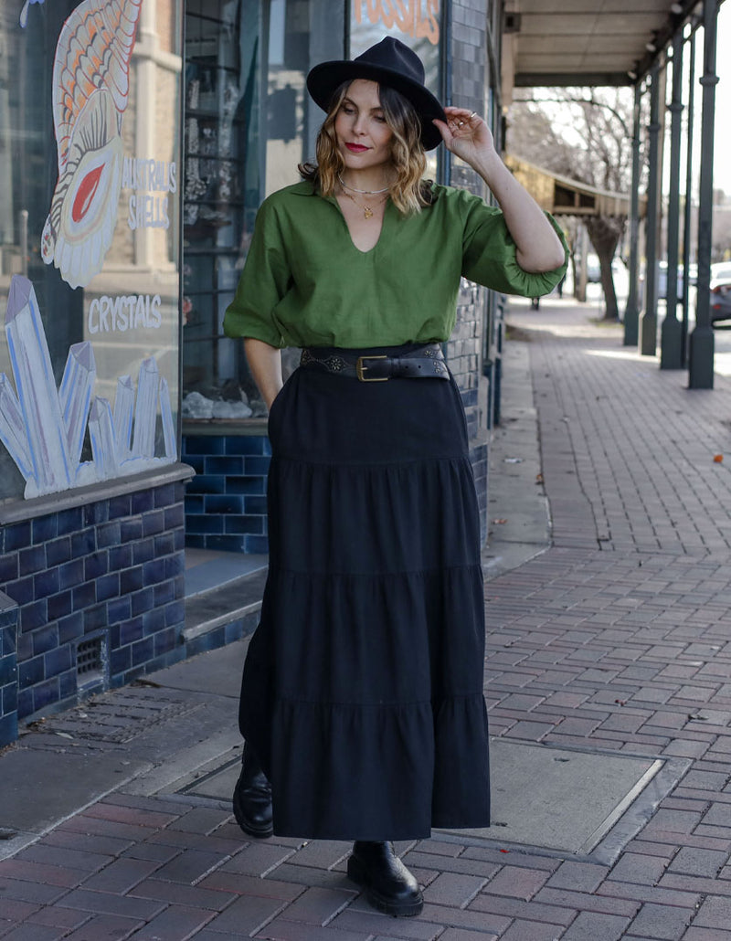 DEVOI Black cotton cord skirt. Maxi tiered skirt. Front view