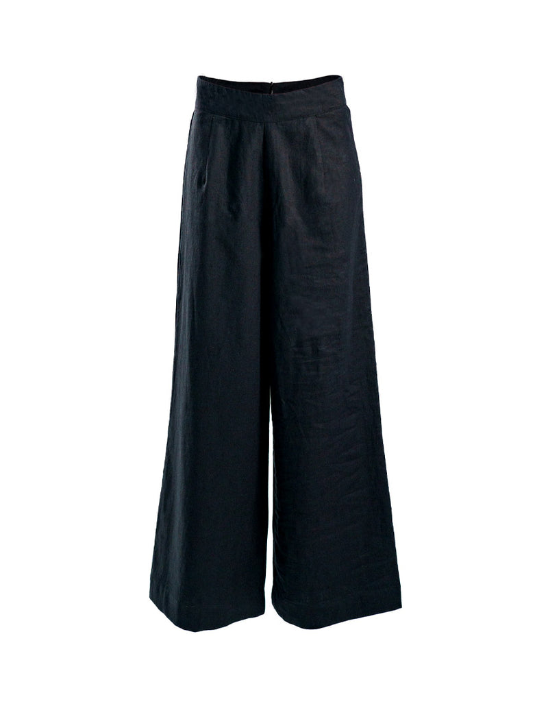 DEVOI Jessie long wide legged linen pants in black. High waisted, with a back zip fastening. Front view