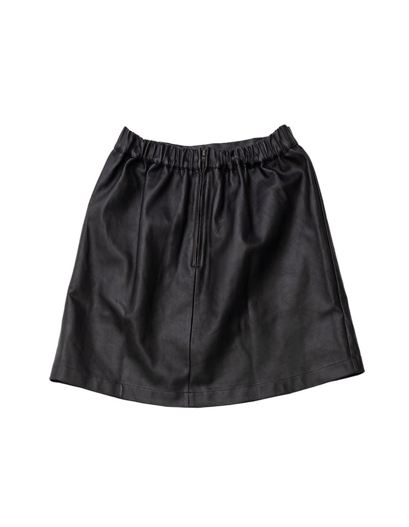 DEVOI Black leather mini skirt with an elasticated waistband and pockets. Back Flatlay