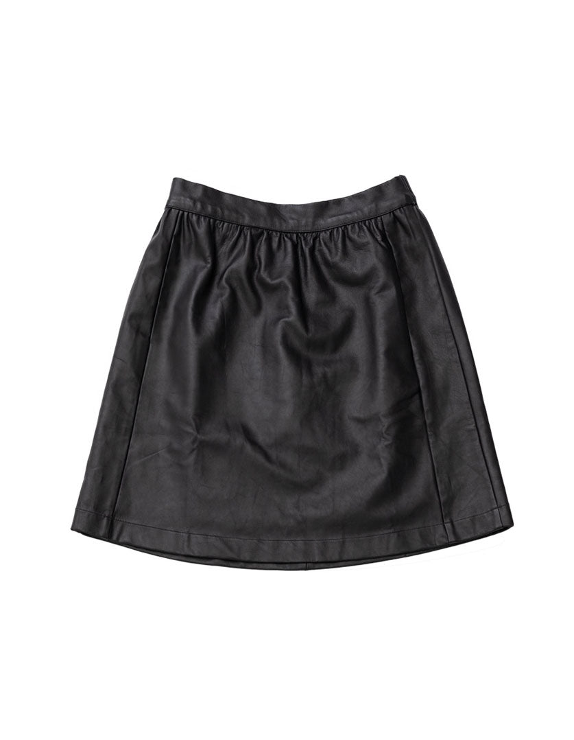 DEVOI Black leather mini skirt with an elasticated waistband and pockets. Front flat lay view