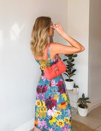 DEVOI printed Isadora dress. Back view on model.