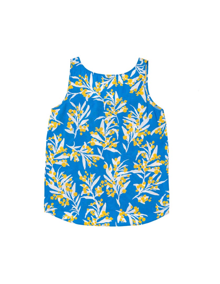 DEVOI Silvie tank top in Blue wattles print. Sleeveless, with a front scoop neckline.Back flat lay view.