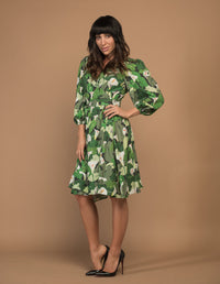 DEVOI wrap dress printed Calla Lilies green. Front view on model