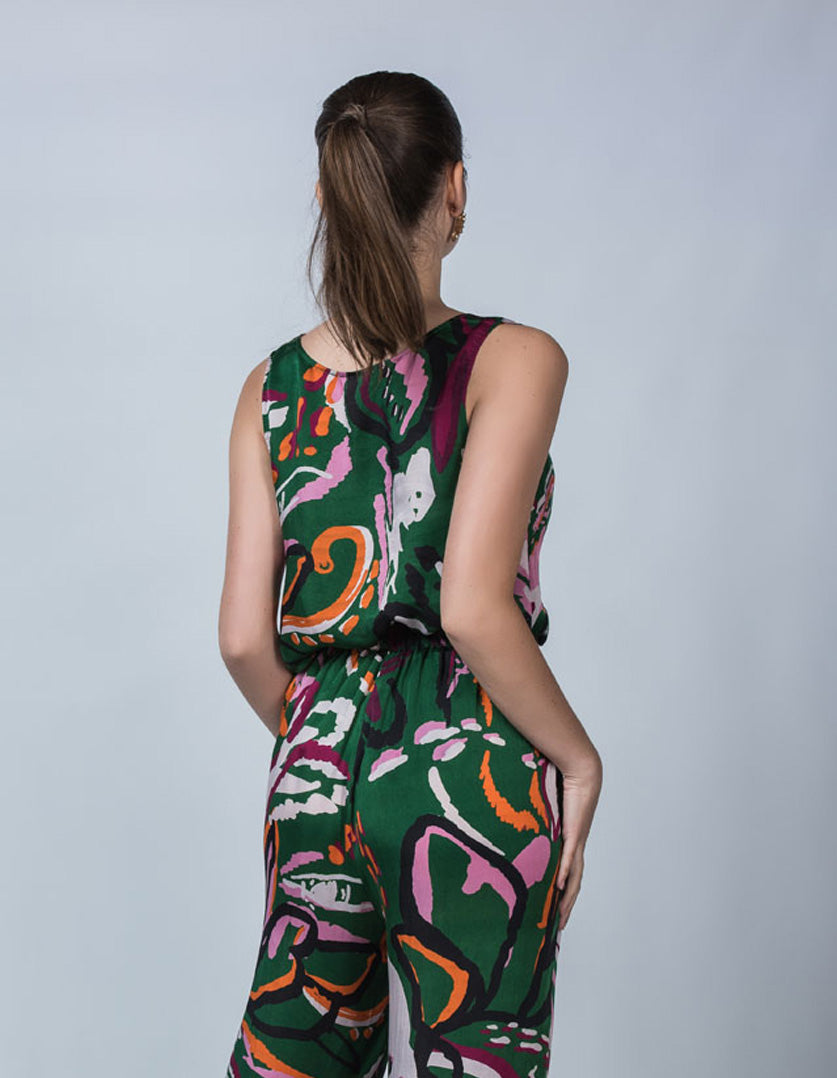 DEVOI Green Wild Thing printed tank top in cupro vegan silk with a scoop neck. Back view