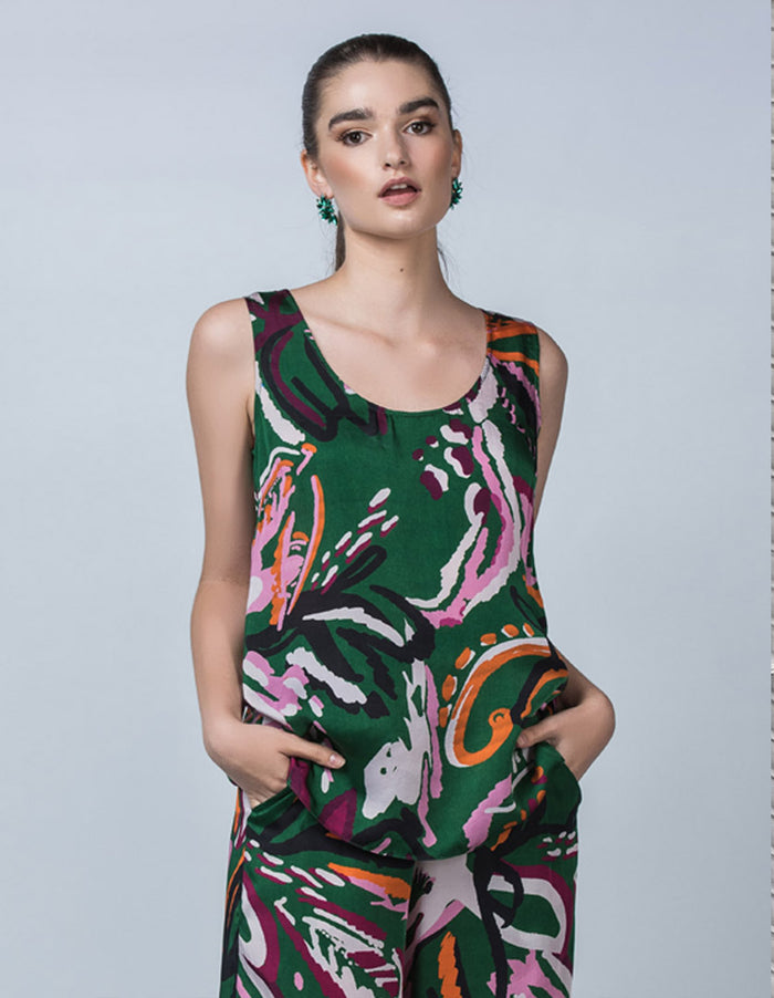 DEVOI Green Wild Thing printed tank top in cupro vegan silk with a scoop neck. Front view