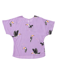 DEVOI lilac printed Annabella tee with batwing sleeves and a round neckline, makes a very flattering fit. Back flat lay