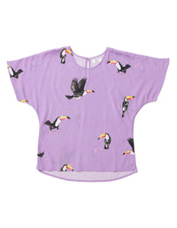 DEVOI lilac printed Annabella tee with batwing sleeves and a round neckline, makes a very flattering fit. Front flat lay