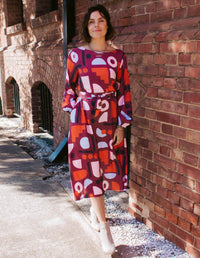 DEVOI Sybille dress in Block Party printed rayon. Front view.