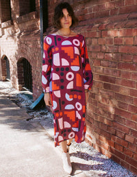 DEVOI Sybille dress in Block Party printed rayon. Front full view.