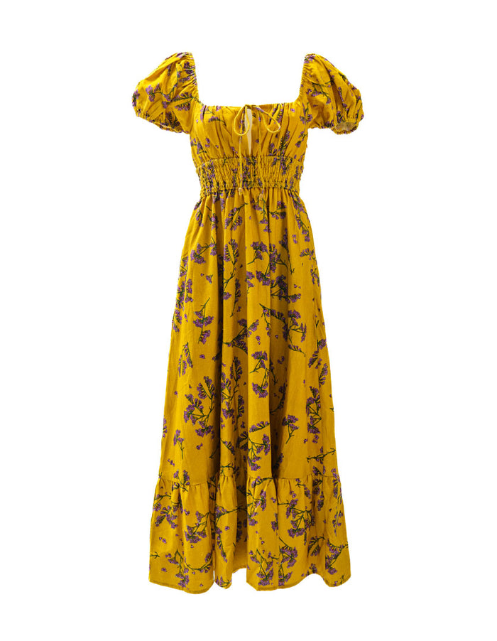 DEVOI Keira dress in Scalavender printed Modal crepe. Smocked bodice and a square neckline with a maxi tiered skirt. Front view.