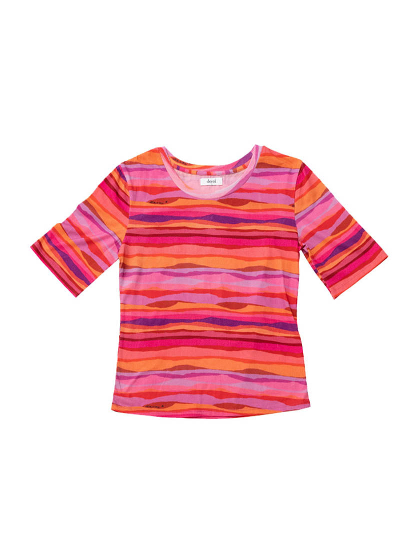 DEVOI Lise top in Sunset Tide printed organic cotton. Front flat lay view