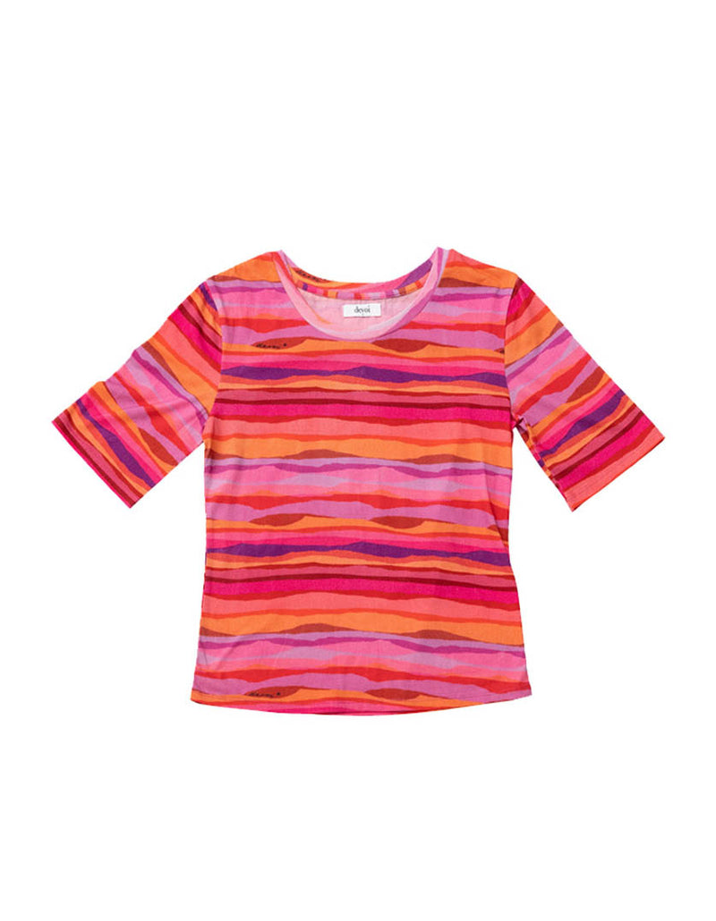 DEVOI Lise top in Sunset Tide printed organic cotton. Front flat lay view