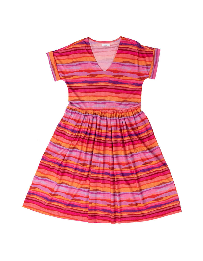 DEVOI Kayleigh dress in Sunset Tide printed 100% Organic Cotton Soft v-neck dress with short sleeves. Finishes just below the knee depending on height. Front flat lay view