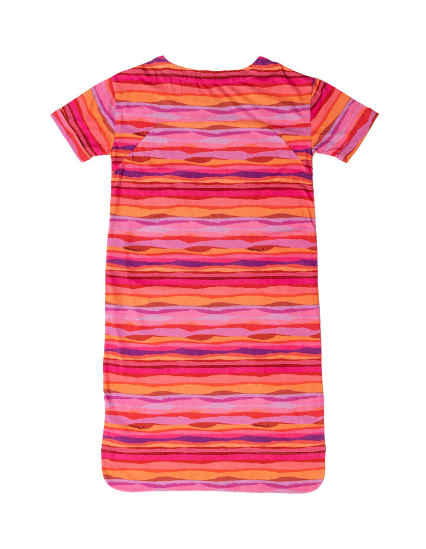 DEVOI Madeleine dress in Sunset tide print. 100% Organic cotton jersey. pink hand painted print. Designed in Melbourne. Short sleeves and side pockets. Back flat lay view