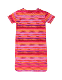 DEVOI Madeleine dress in Sunset tide print. 100% Organic cotton jersey. pink hand painted print. Designed in Melbourne. Short sleeves and side pockets. Back flat lay view