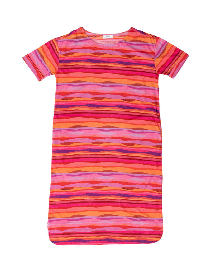 DEVOI Madeleine dress in Sunset tide print. 100% Organic cotton jersey. pink hand painted print. Designed in Melbourne. Short sleeves and side pockets. Front flat lay view