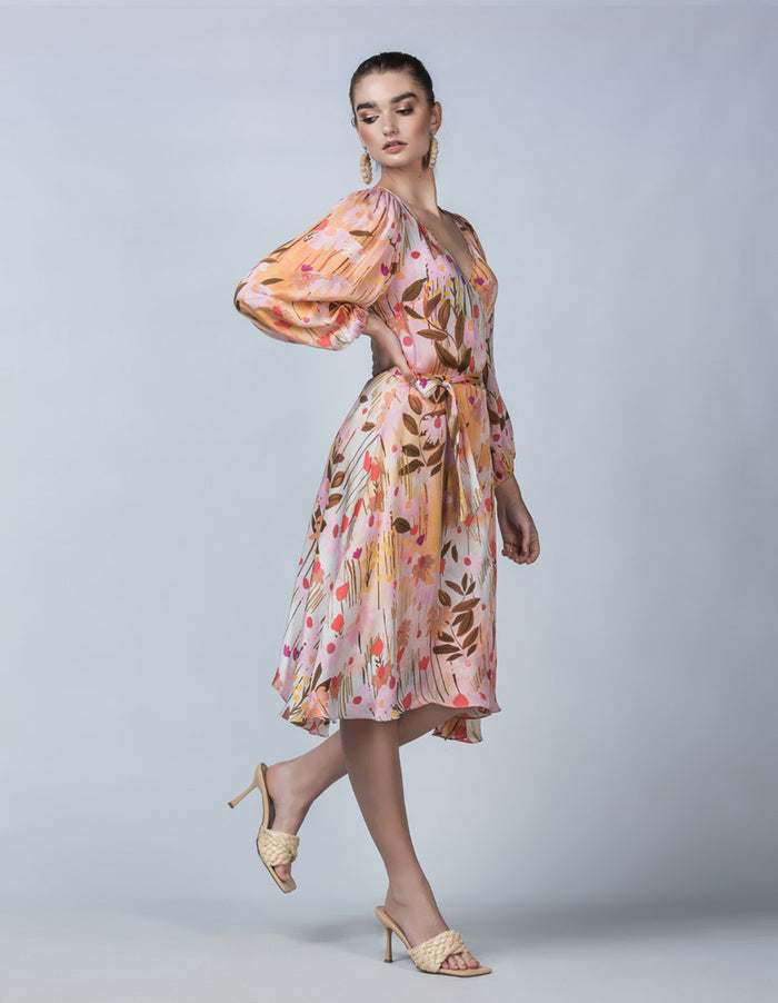 DEVOI pink Audrey dress in Meadow printed cupro. Side view.