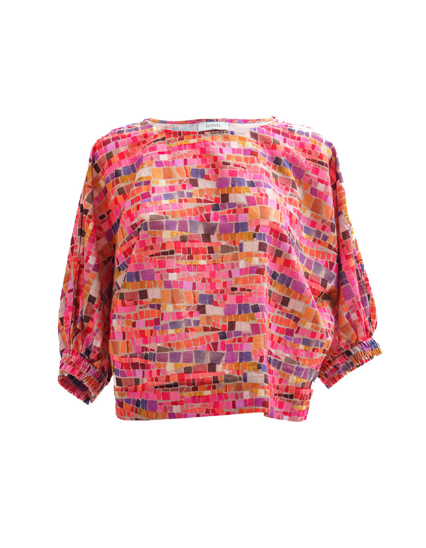 DEVOI Valerie top in 100% linen. Mosaic print. Hand painted in house print. Front view.