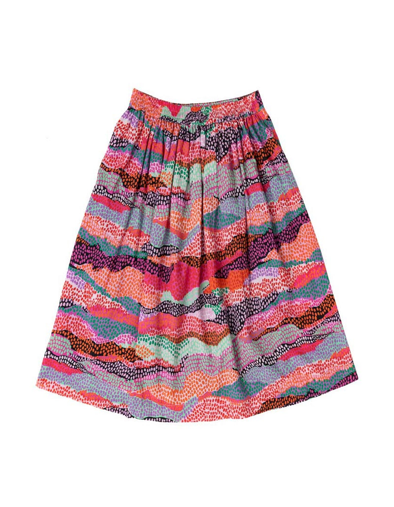 DEVOI pink Margot skirt in Sediment print. Elasticated waistband. Pockets. Midi length. Back flat lay