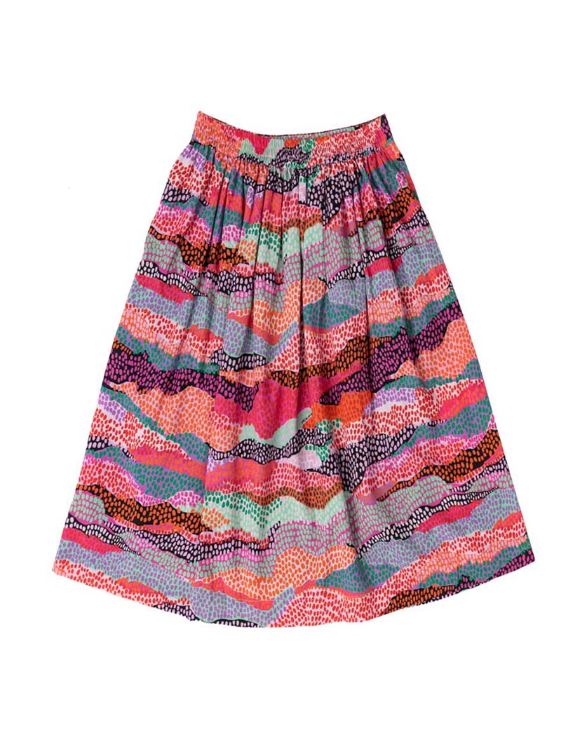 DEVOI pink Margot skirt in Sediment print. Elasticated waistband. Pockets. Midi length. Front flat lay