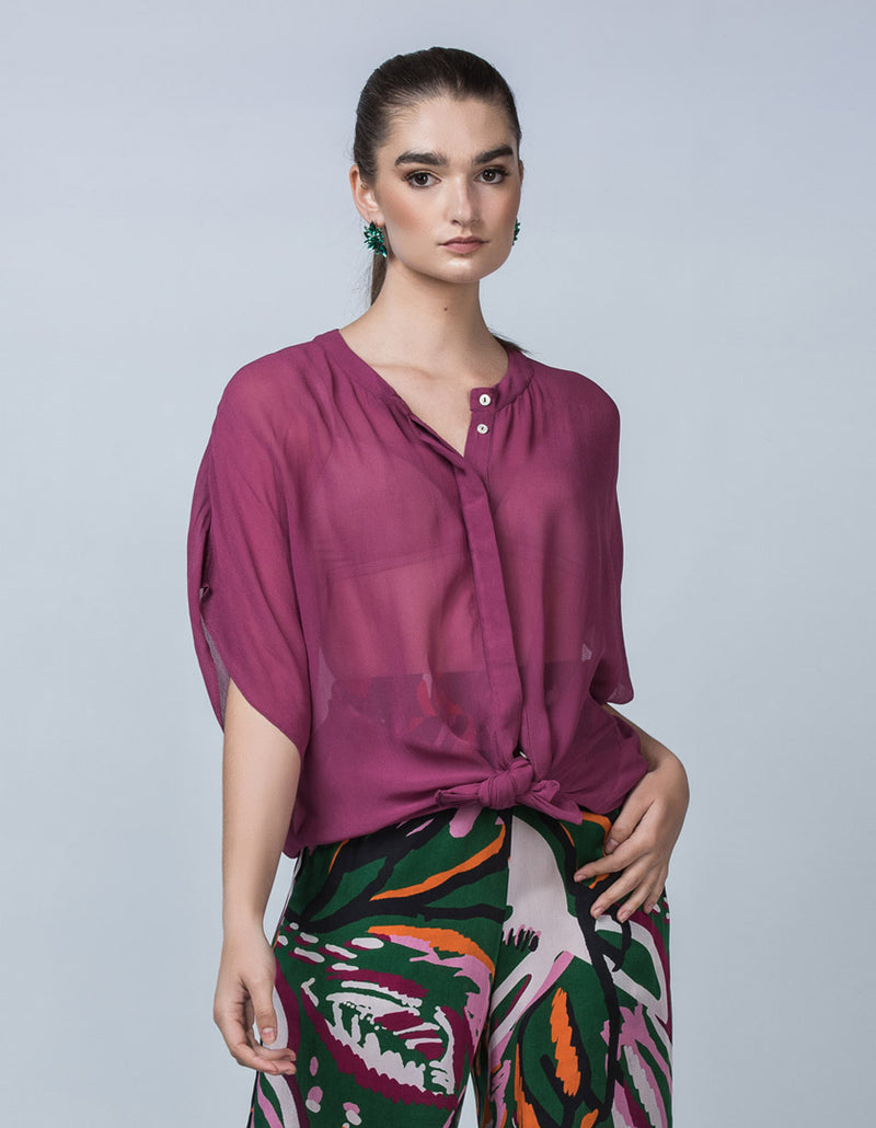 DEVOI Cate top in Rich Purple silk georgette. Front