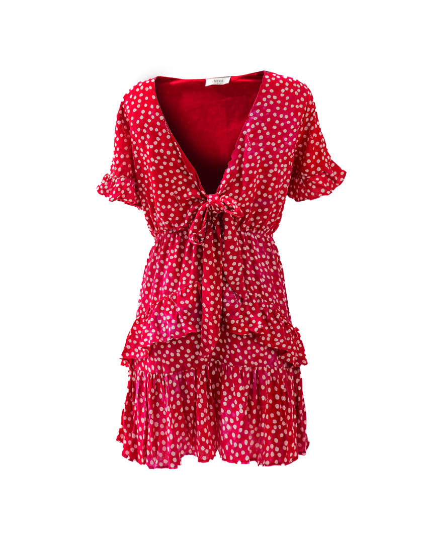 DEVOI dotty red Ellen dress with a v-neck and front tie. Mini dress. Front