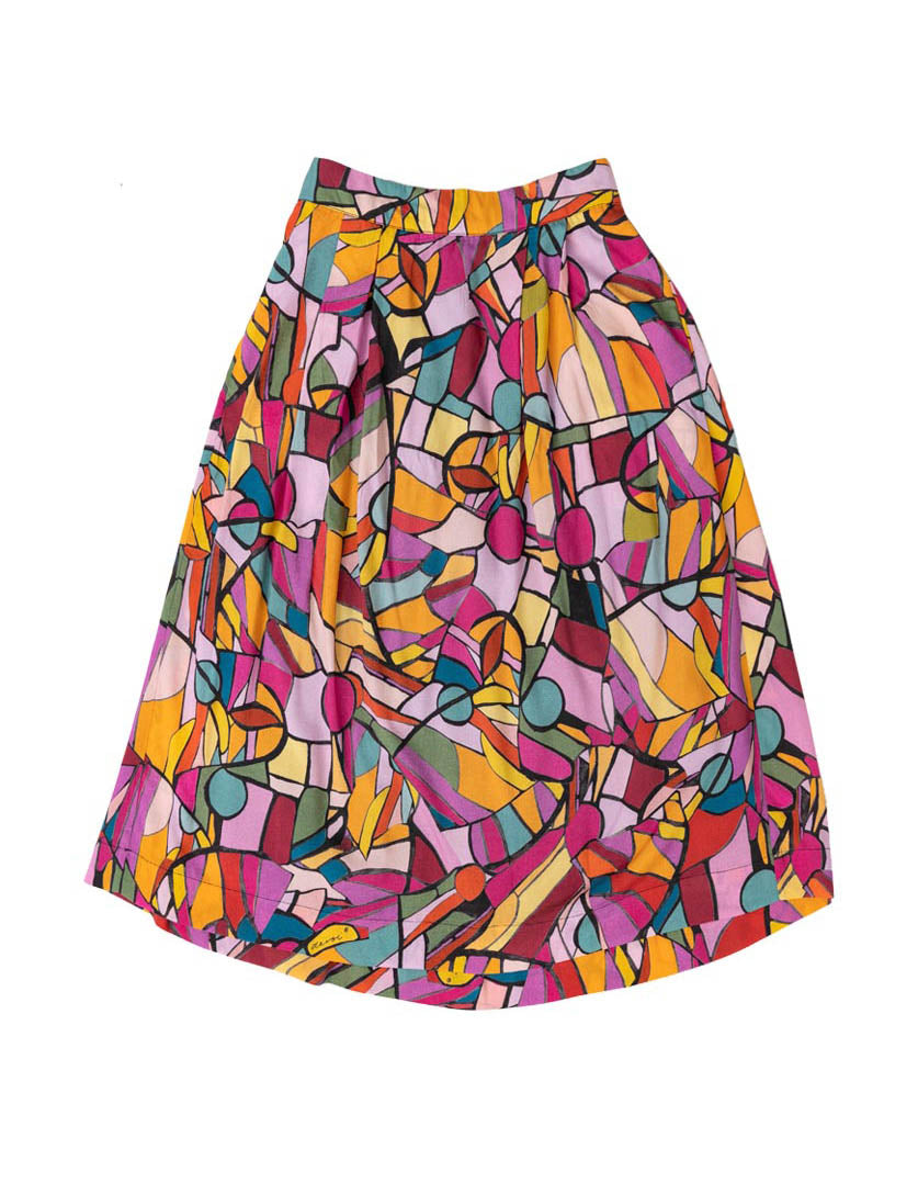 DEVOI Rejoice printed Margot skirt in Modal. Elasticated back waist. Flat front waist. Pockets! Finishes just below the knee. Seen on model. Front flat lay