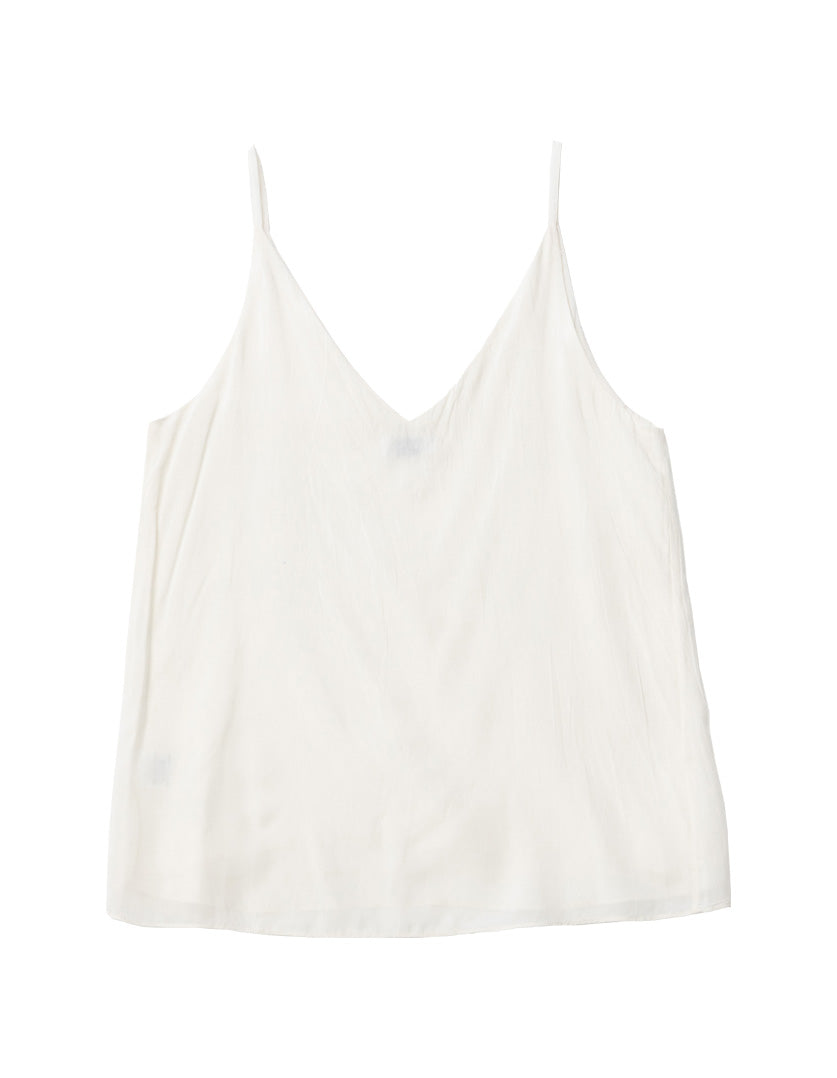 DEVOI Bobby top in cream modal crepe. V-neck vest top with thin straps. Back flat lay