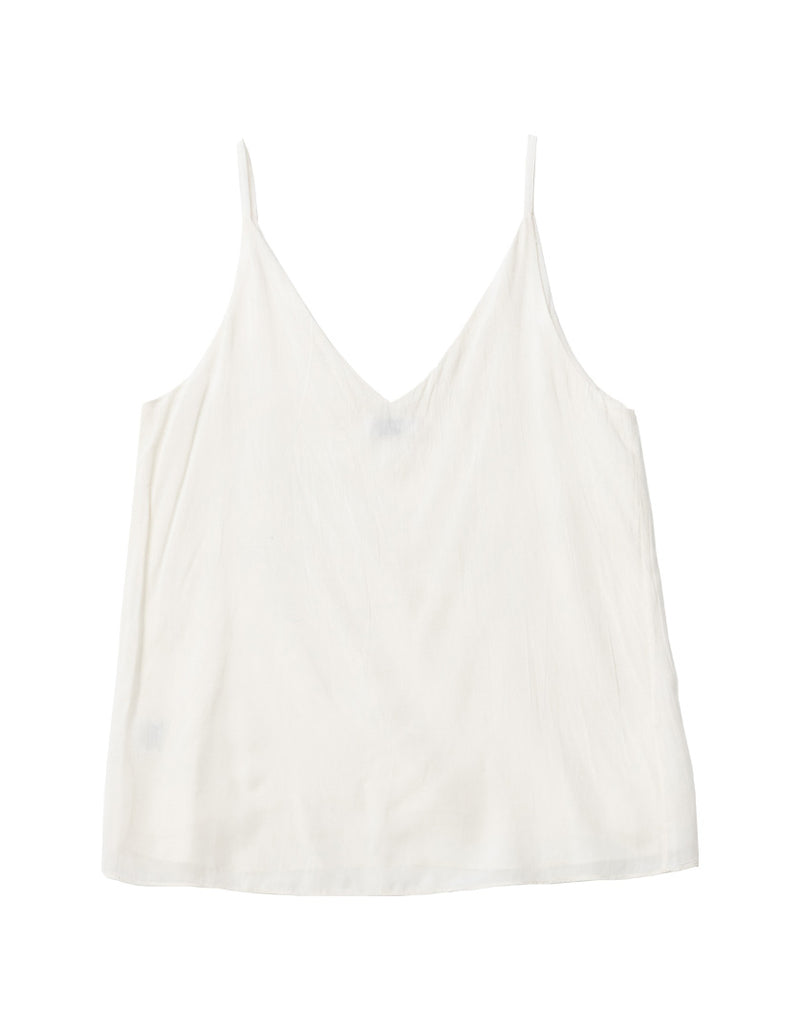 DEVOI Bobby top in cream modal crepe. V-neck vest top with thin straps. Back flat lay