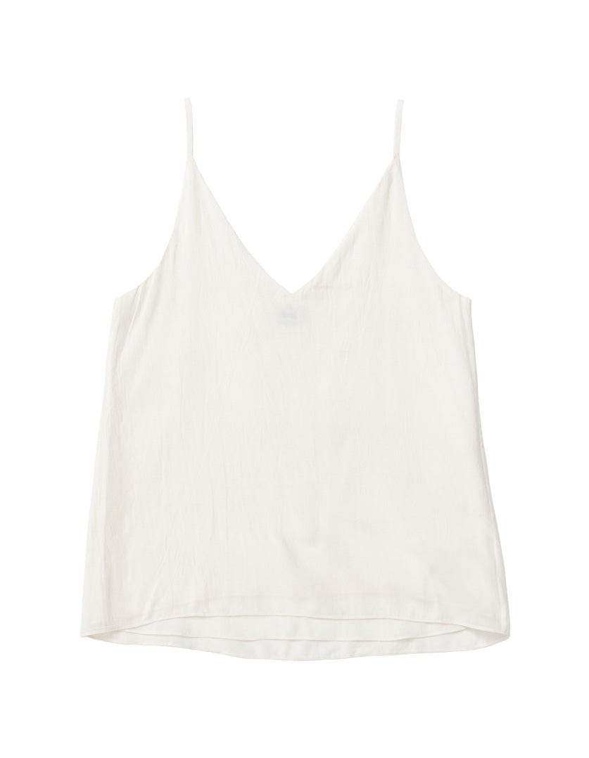 DEVOI Bobby top in cream modal crepe. V-neck vest top with thin straps. Front flat lay