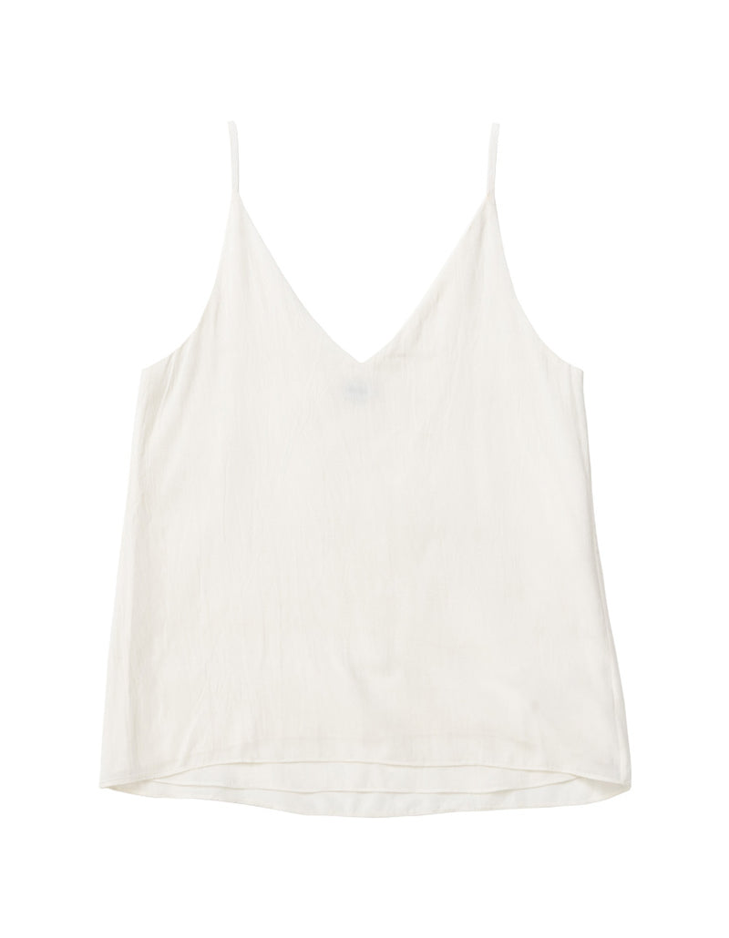 DEVOI Bobby top in cream modal crepe. V-neck vest top with thin straps. Front flat lay